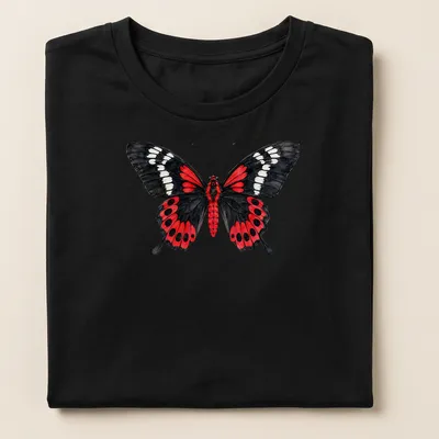Watercolor illustration of a crimson rose butterfly in red, black, and white — printed on a women's shirt