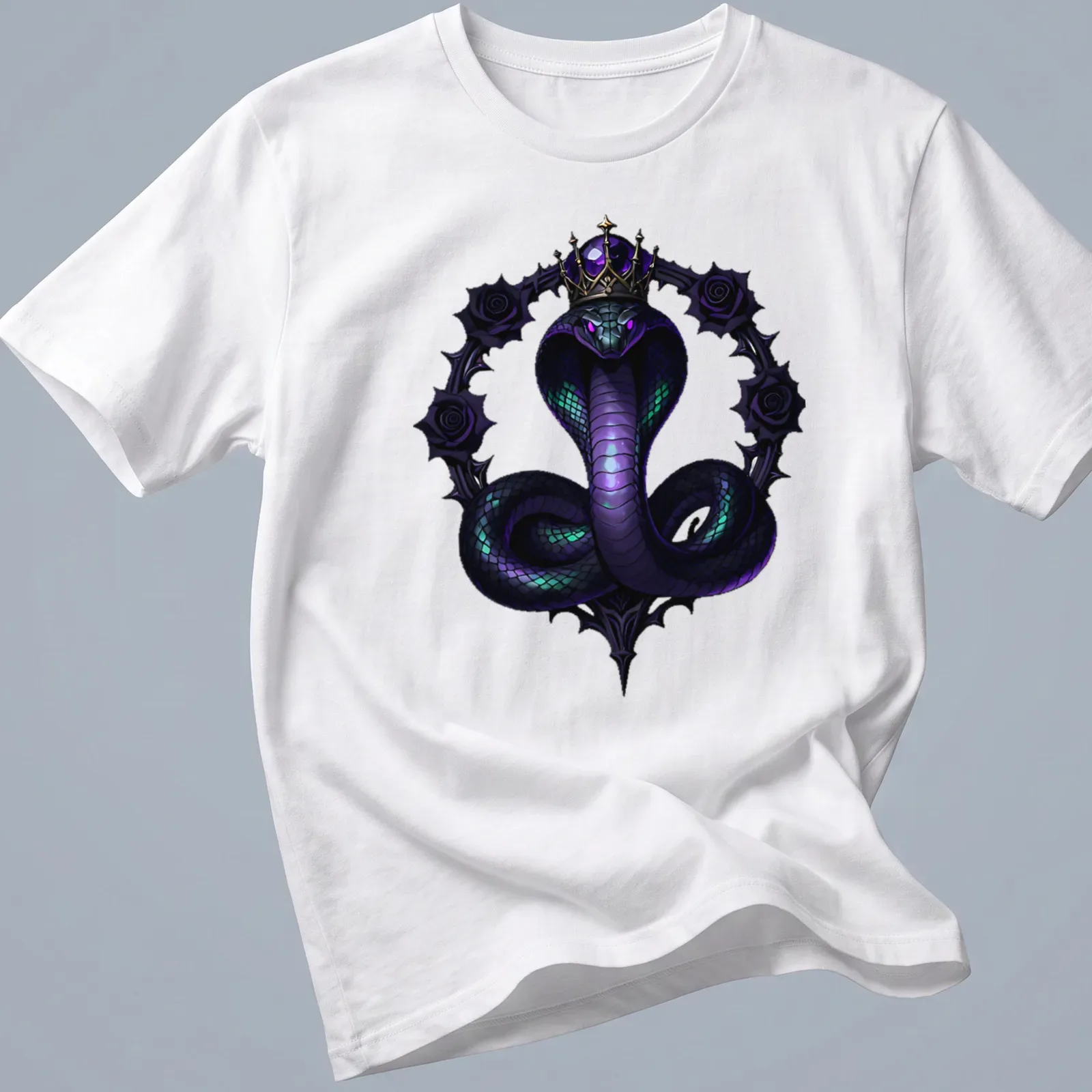 Gothic T-shirt featuring a crowned serpent in black, purple, and green — printed on a unisex t-shirt