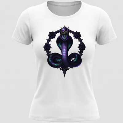 Gothic T-shirt featuring a crowned serpent in black, purple, and green — printed on a women's shirt