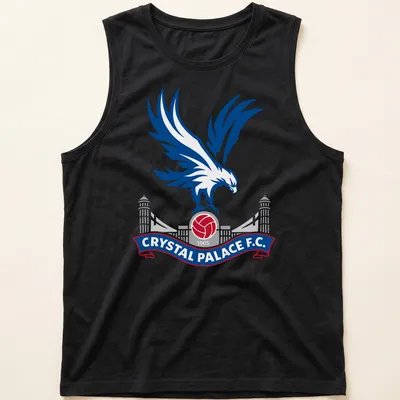 Eagle emblem and text for Crystal Palace F.C. in blue, red, white, and gray — printed on a tank top