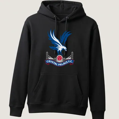 Eagle emblem and text for Crystal Palace F.C. in blue, red, white, and gray — printed on a unisex hoodie