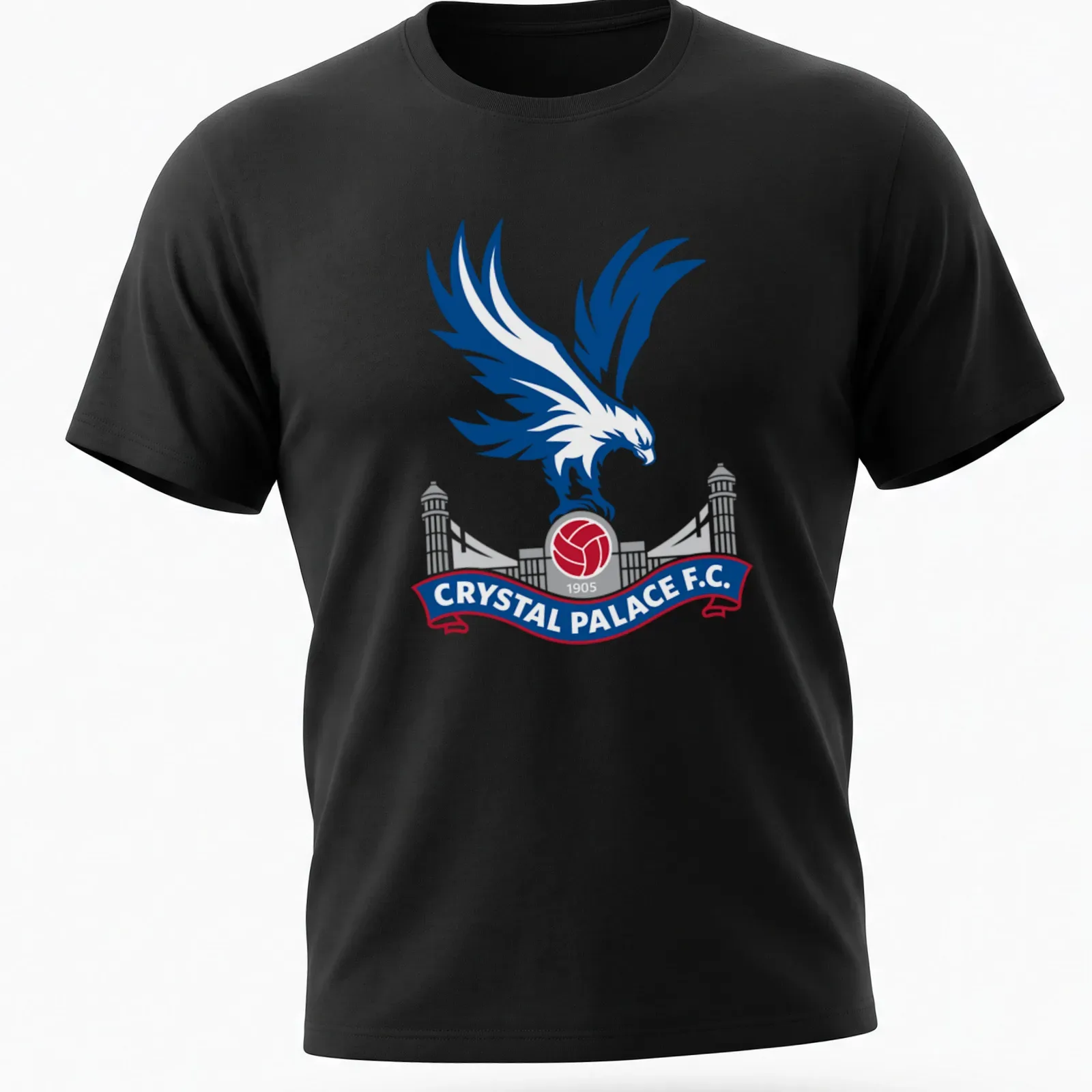 Eagle emblem and text for Crystal Palace F.C. in blue, red, white, and gray — printed on a unisex t-shirt