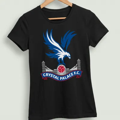 Eagle emblem and text for Crystal Palace F.C. in blue, red, white, and gray — printed on a women's shirt