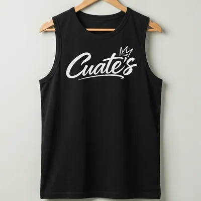 White script font reading 'Cuate's' on a barbershop themed — printed on a tank top