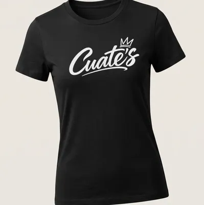 White script font reading 'Cuate's' on a barbershop themed — printed on a women's shirt
