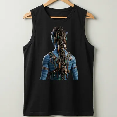 Realistic print of a blue-skinned character with feathers, inspired by Avatar — printed on a tank top