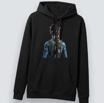 Realistic print of a blue-skinned character with feathers, inspired by Avatar — printed on a unisex hoodie