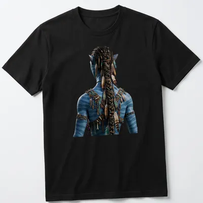Realistic print of a blue-skinned character with feathers, inspired by Avatar