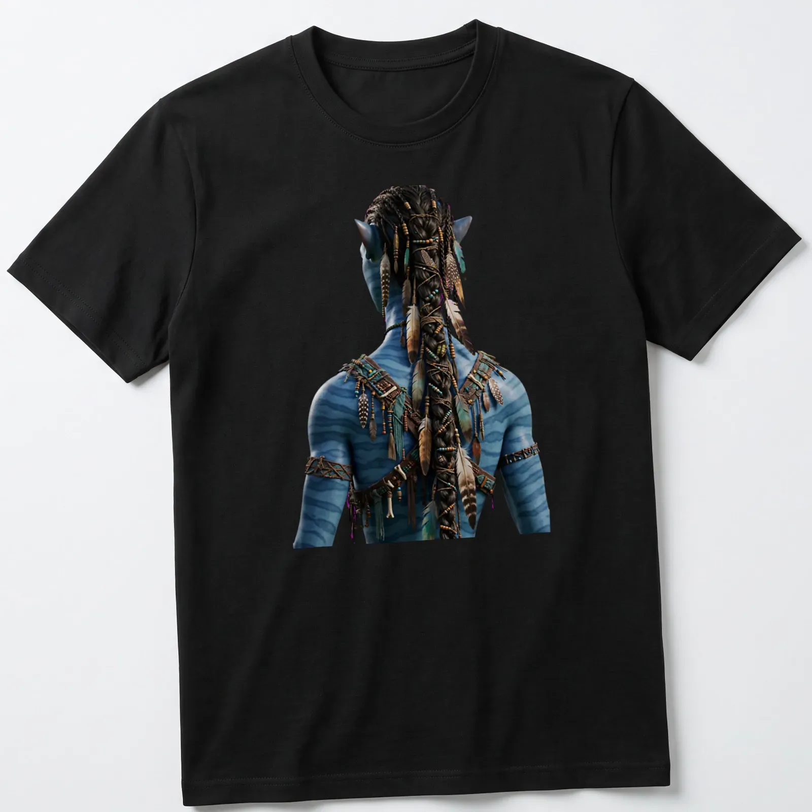 Realistic print of a blue-skinned character with feathers, inspired by Avatar — printed on a unisex t-shirt