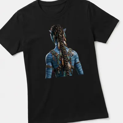 Realistic print of a blue-skinned character with feathers, inspired by Avatar — printed on a women's shirt