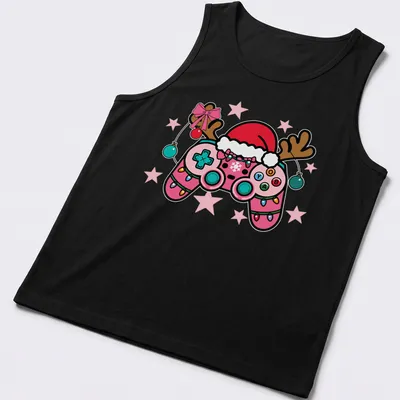 Kawaii gamer controller wearing a Santa hat, colorful design for Christmas — printed on a tank top