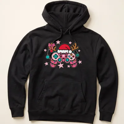 Kawaii gamer controller wearing a Santa hat, colorful design for Christmas — printed on a unisex hoodie