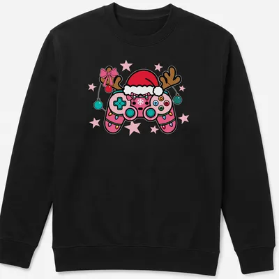 Kawaii gamer controller wearing a Santa hat, colorful design for Christmas — printed on a unisex sweatshirt