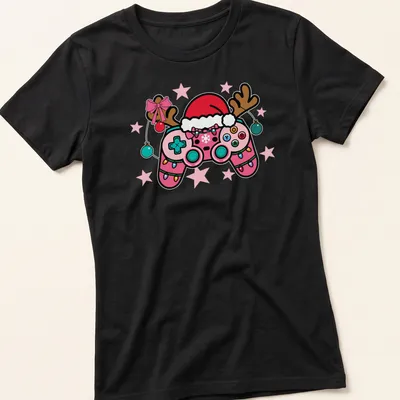 Kawaii gamer controller wearing a Santa hat, colorful design for Christmas — printed on a women's shirt