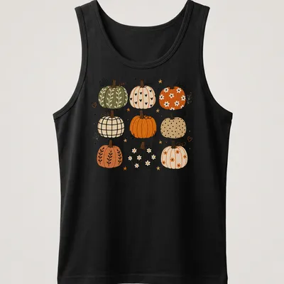 Boho illustrated T-shirt featuring decorative pumpkins in autumn colors — printed on a tank top