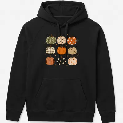 Boho illustrated T-shirt featuring decorative pumpkins in autumn colors — printed on a unisex hoodie