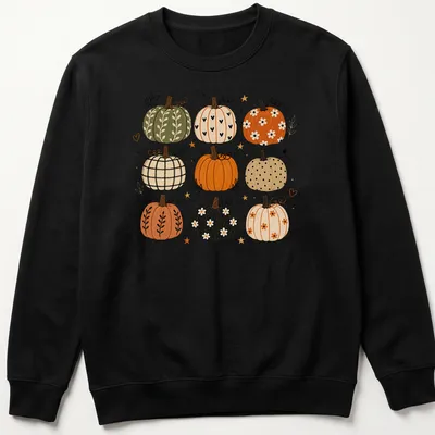 Boho illustrated T-shirt featuring decorative pumpkins in autumn colors — printed on a unisex sweatshirt