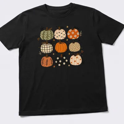 Boho illustrated T-shirt featuring decorative pumpkins in autumn colors
