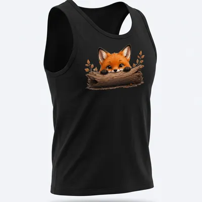 Kawaii illustration of a cute fox peeking over a log in warm colors — printed on a tank top