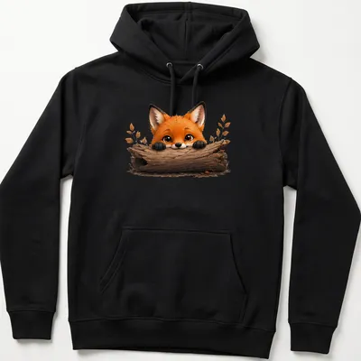 Kawaii illustration of a cute fox peeking over a log in warm colors — printed on a unisex hoodie