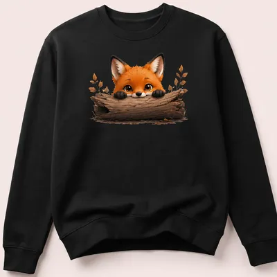 Kawaii illustration of a cute fox peeking over a log in warm colors — printed on a unisex sweatshirt