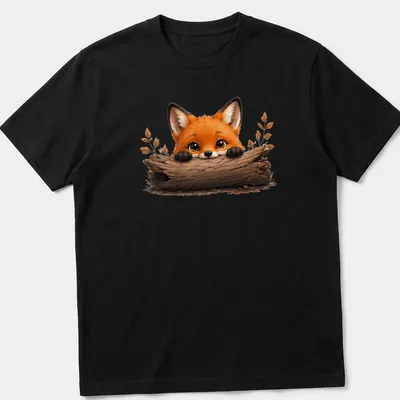 Kawaii illustration of a cute fox peeking over a log in warm colors