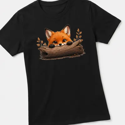 Kawaii illustration of a cute fox peeking over a log in warm colors — printed on a women's shirt