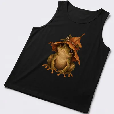 Realistic frog wearing a leaf hat with green and brown colors — printed on a tank top