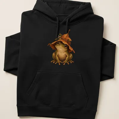 Realistic frog wearing a leaf hat with green and brown colors — printed on a unisex hoodie