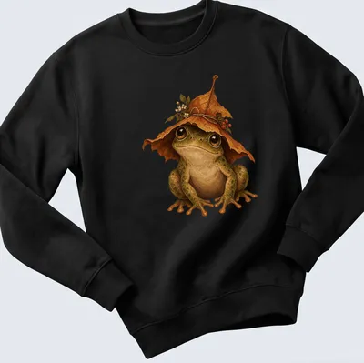 Realistic frog wearing a leaf hat with green and brown colors — printed on a unisex sweatshirt