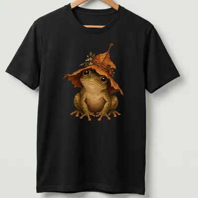 Realistic frog wearing a leaf hat with green and brown colors