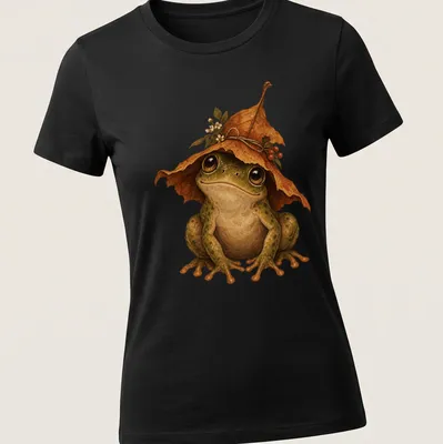 Realistic frog wearing a leaf hat with green and brown colors — printed on a women's shirt