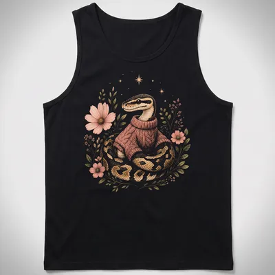 Illustrative design of a cute snake in a sweater with floral details — printed on a tank top