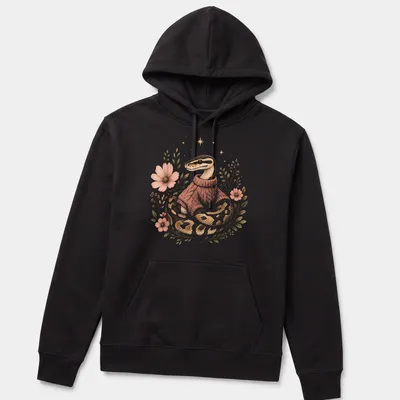 Illustrative design of a cute snake in a sweater with floral details — printed on a unisex hoodie