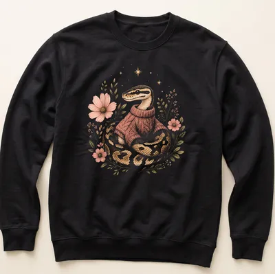 Illustrative design of a cute snake in a sweater with floral details — printed on a unisex sweatshirt