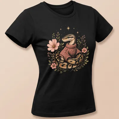 Illustrative design of a cute snake in a sweater with floral details — printed on a women's shirt