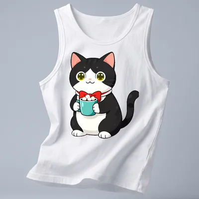 Kawaii illustration of a tuxedo cat next to hot cocoa with marshmallows in bright colors. — printed on a tank top