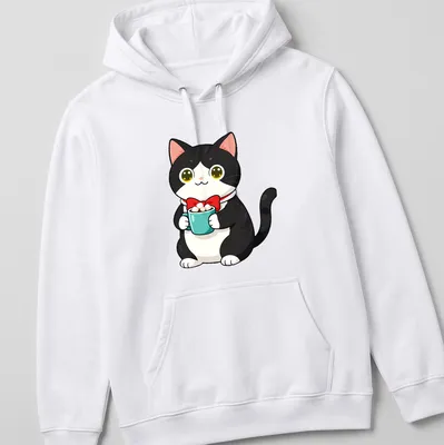 Kawaii illustration of a tuxedo cat next to hot cocoa with marshmallows in bright colors. — printed on a unisex hoodie