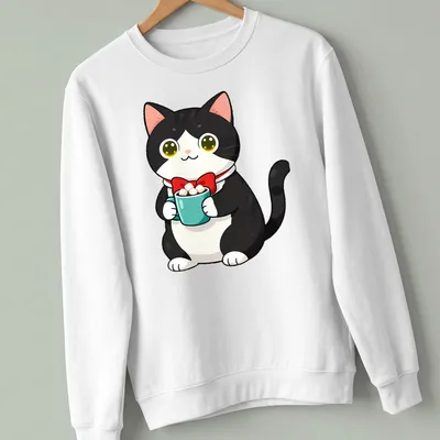 Kawaii illustration of a tuxedo cat next to hot cocoa with marshmallows in bright colors. — printed on a unisex sweatshirt