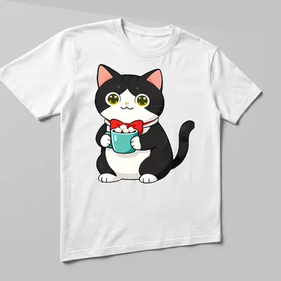 Kawaii illustration of a tuxedo cat next to hot cocoa with marshmallows in bright colors. — printed on a unisex t-shirt (angled view)
