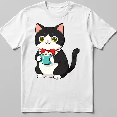 Kawaii illustration of a tuxedo cat next to hot cocoa with marshmallows in bright colors.