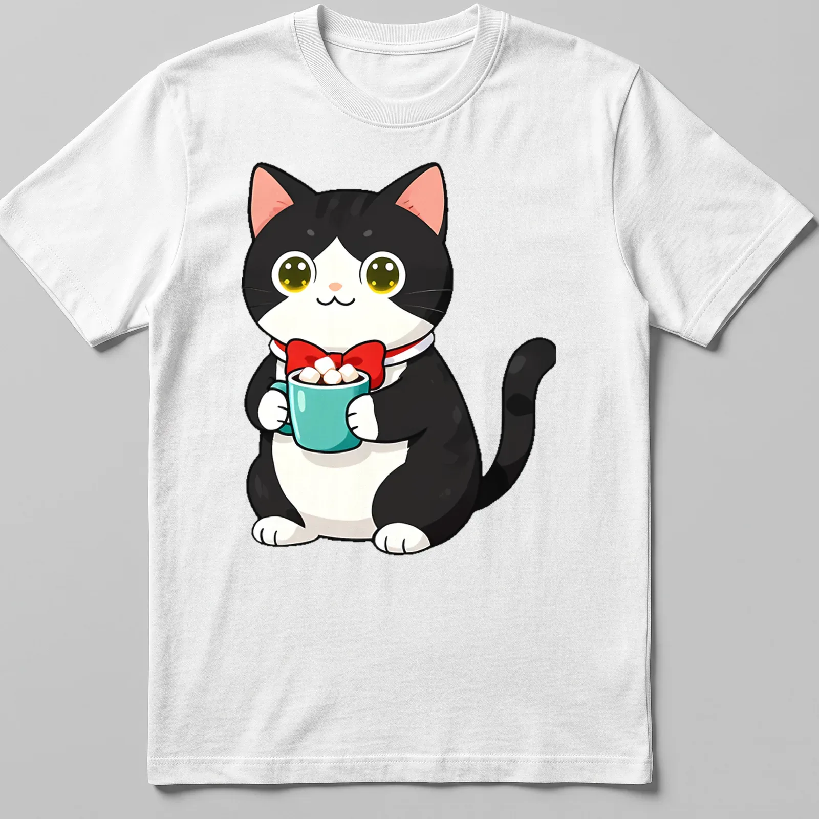 Kawaii illustration of a tuxedo cat next to hot cocoa with marshmallows in bright colors. — printed on a unisex t-shirt