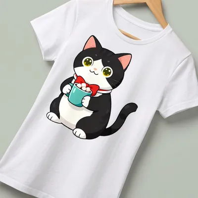 Kawaii illustration of a tuxedo cat next to hot cocoa with marshmallows in bright colors. — printed on a women's shirt