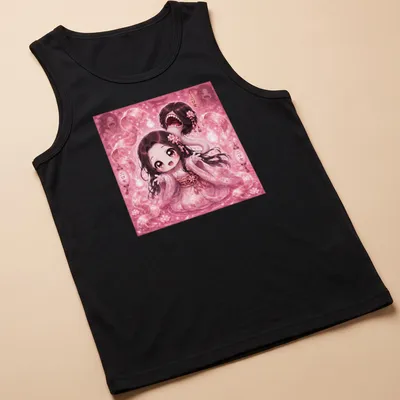 Kawaii style t-shirt with a cute girl and Japanese text featuring a mouth on the back of her head — printed on a tank top