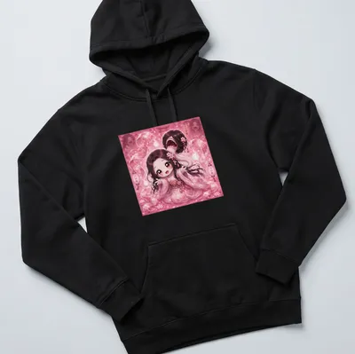 Kawaii style t-shirt with a cute girl and Japanese text featuring a mouth on the back of her head — printed on a unisex hoodie