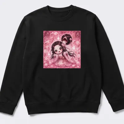 Kawaii style t-shirt with a cute girl and Japanese text featuring a mouth on the back of her head — printed on a unisex sweatshirt