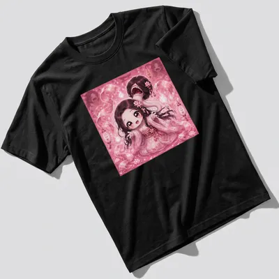 Kawaii style t-shirt with a cute girl and Japanese text featuring a mouth on the back of her head