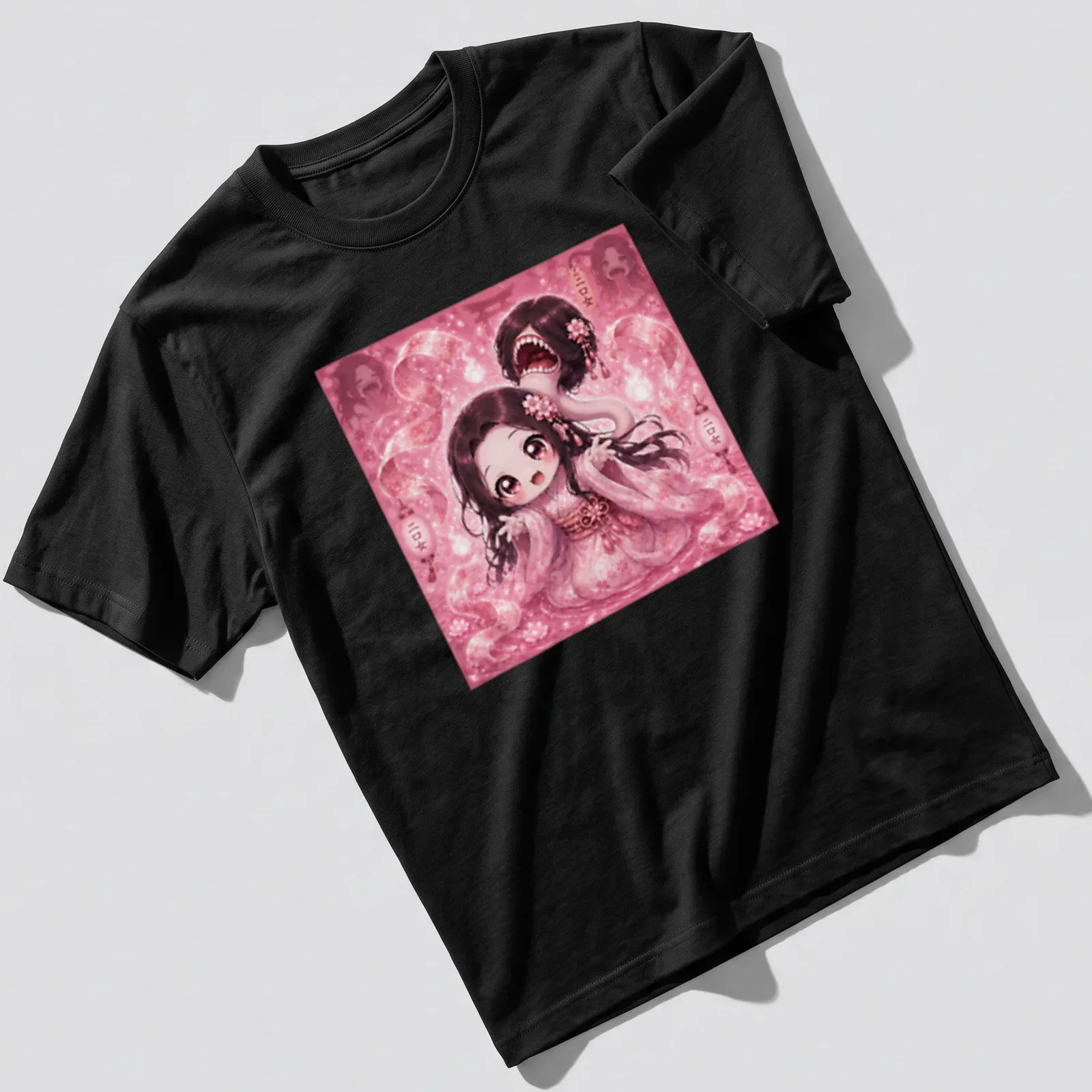 Kawaii style t-shirt with a cute girl and Japanese text featuring a mouth on the back of her head — printed on a unisex t-shirt