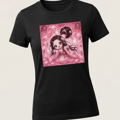Kawaii style t-shirt with a cute girl and Japanese text featuring a mouth on the back of her head — printed on a women's shirt