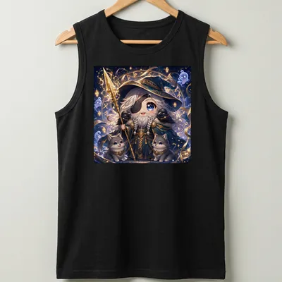 Kawaii print of Cutie Odin with two wolves in blue, gold, gray, and white — printed on a tank top